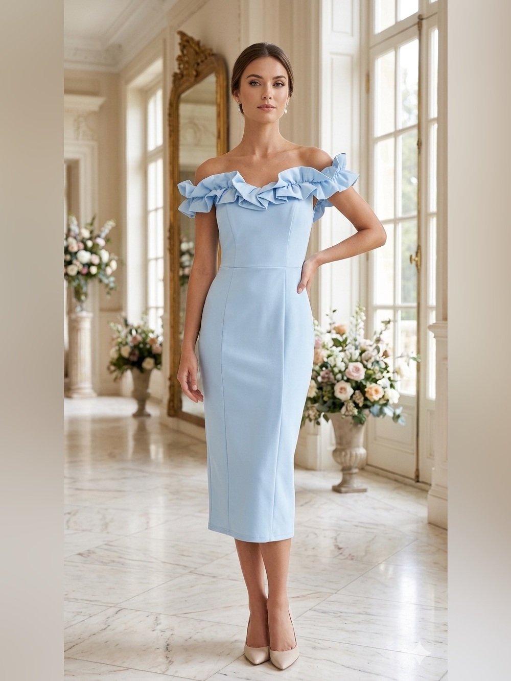 SHEIN Light Blue Off-Shoulder Ruffle Sheath Dress